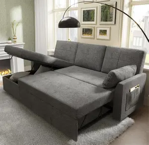 VanAcc 2 in 1 Pull Out Couch Bed with Storage Chaise for Living Room Gray Chenille Sofa Sleeper Modern Durable Sturdy Design