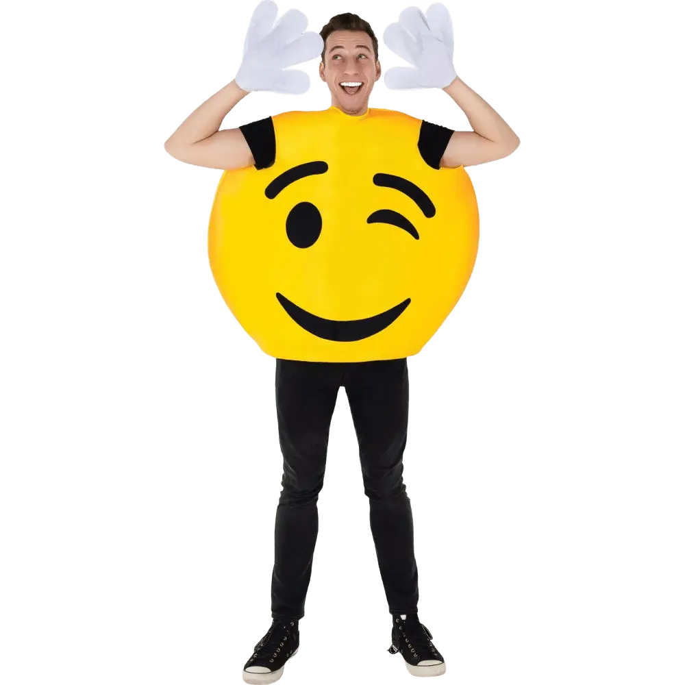 Emoji Wink Smiley Costume For Adults | Pull-On Tunic with Oversized White Gloves - Funny Smiley Face Emoji Outfit For Halloween, Birthday, Theme Party & Fantasy Costume Party