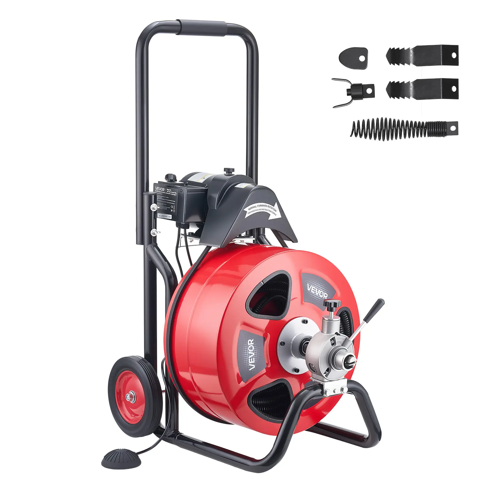 【summerfinds】VEVOR Drain Cleaner Machine 100 FT x 3/4 Inch, Auto Feed Sewer Snake Auger on Wheels, Portable Drain Cleaning Machine with 4 Cutters & Air-activated Foot Switch for 4" to 8" Pipes