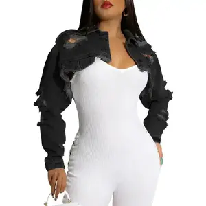 Cropped Denim Jackets for Women Long Sleeve Ripped Destroyed Wash Crop Top Jean Jackets Coats Womenswear Minimalist