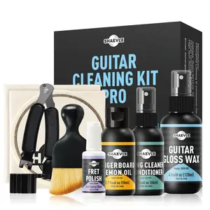 Guitar Cleaning Kit: Gloss Wax,Fret Polish,Fingerboard Lemon Oil,String Cleaner Oil,Masking Tape,Cleaning Brush & Cleaning Cloth Extends Fretboard and String Life
