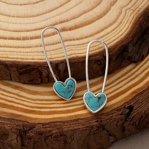 Vintage Bohemian Style Heart Turquoise Earrings, Fashion Creative Design, Simple Cold Aesthetic, Women's Jewelry, Pair