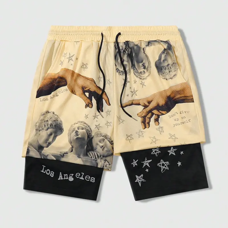 Men's Star & Letter Print 2 in 1 Drawstring Waist Shorts, Regular Fit Casual Pocket Track Shorts for Summer, Fashion Men's Bottoms for Daily Wear