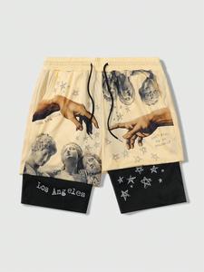 men's star & letter print 2 in 1 drawstring waist shorts, regular fit casual pocket track shorts for summer, fashion men's bottoms for daily wear