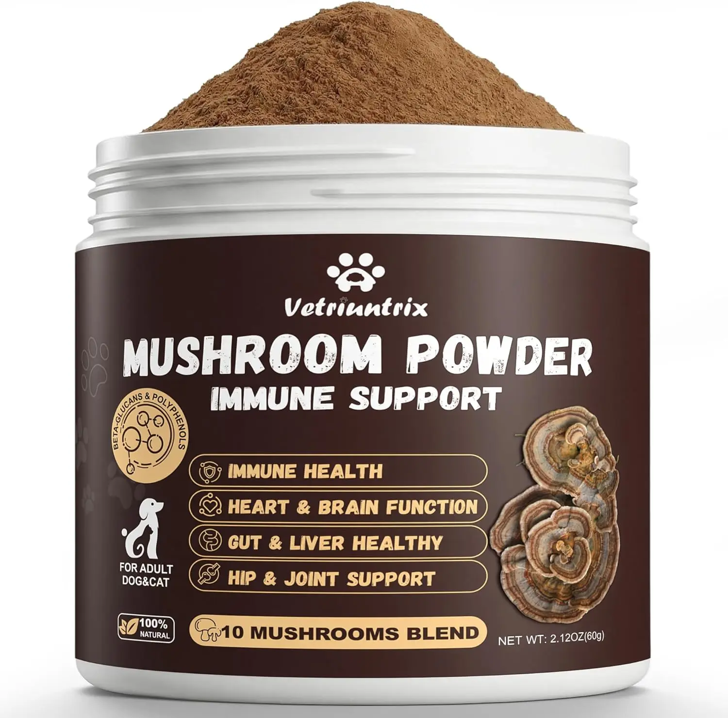 Turkey Tail Mushroom for Dogs, Organic 10 Mushroom Blend for Lipoma Lumps and Bumps, Dog & Cat Mushroom Supplements with 50% Beta Glucan, Joint Gut Immune Skin Support - 60g