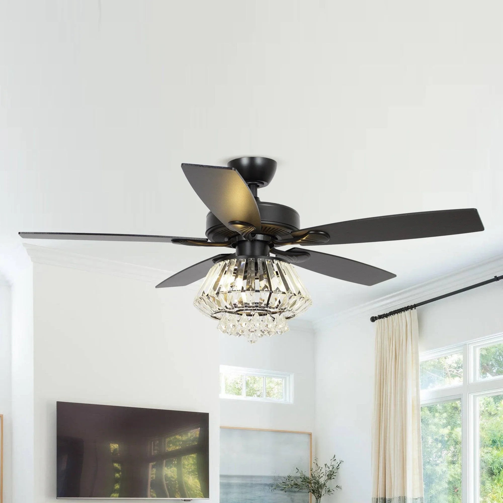 52" Kerala Modern Chrome Crystal Ceiling Fan, Downrod Mount, Reversible Blades with LED Light & Remote Control