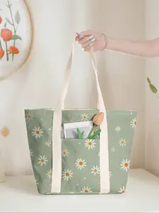 Daisy Print Large Capacity Tote Bag, Casual Commuter Shoulder Backpack with Zipper Closure, Ideal for Gym Beach Work Travel, Storage Tote