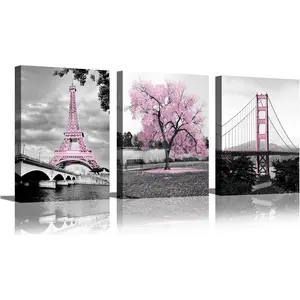Wall Art for Bedroom Pink Tree Paris Eiffel Tower Golden Gate Bridge Romantic Black and White City Poster Bathroom Pictures Prints on Canvas for Living Room Decor