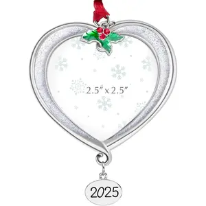 Christmas Tree Ornament Picture Frame Metal  Pendant Holiday 2.5" Photo Frame Charm Decorative of Pets,  First Christmas, Family (2025 White)