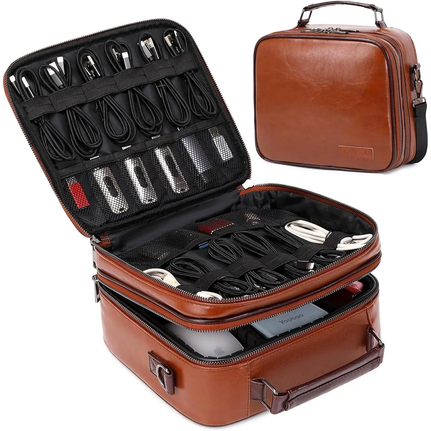 Electronics Travel Organizer, Large Electronic Accessories Cable Case with Adjustable Dividers, Waterproof Tech Storage Bag Gifts with Double Layers for Cord, Charger, Power Bank - Brown