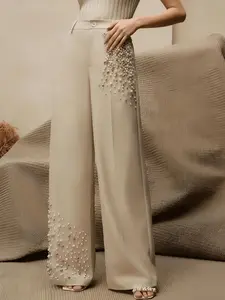A women's khaki fashionable high-waisted single-button beaded design suit wide-leg pants, Casual Chic Bottoms, suitable for summer, daily commuting, casual outings, and home wear.