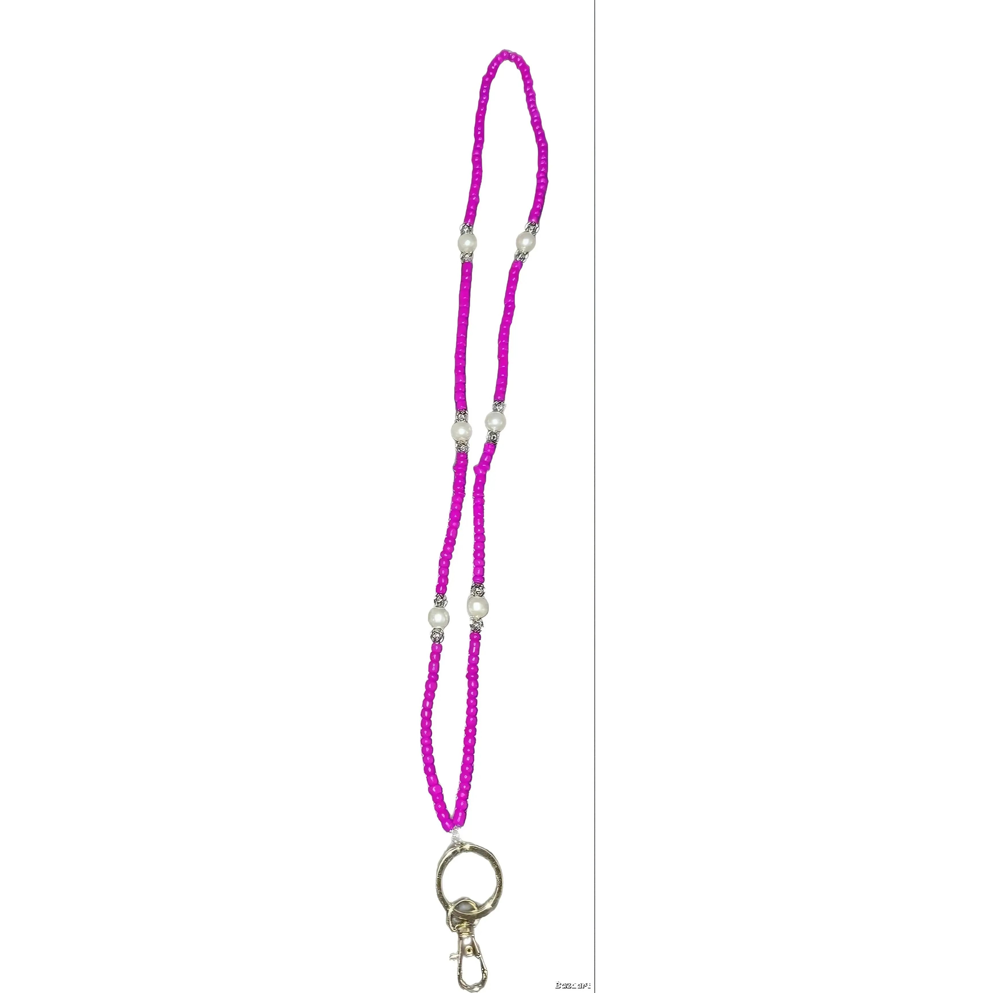 Pink Beaded Lanyard with Pearls and Key Ring