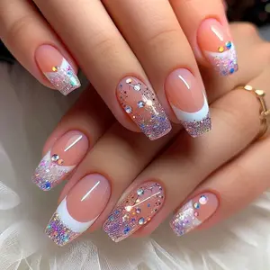 CurvLife Glitter Crown Press On Nails – Nude French Style with White Tips, Sparkling Glitter Gradient and Rhinestone Embellishments, Easy to Apply, Durable and Reusable, Perfect for Weddings, Parties, Holidays, and Daily Glamorous Manicure Looks