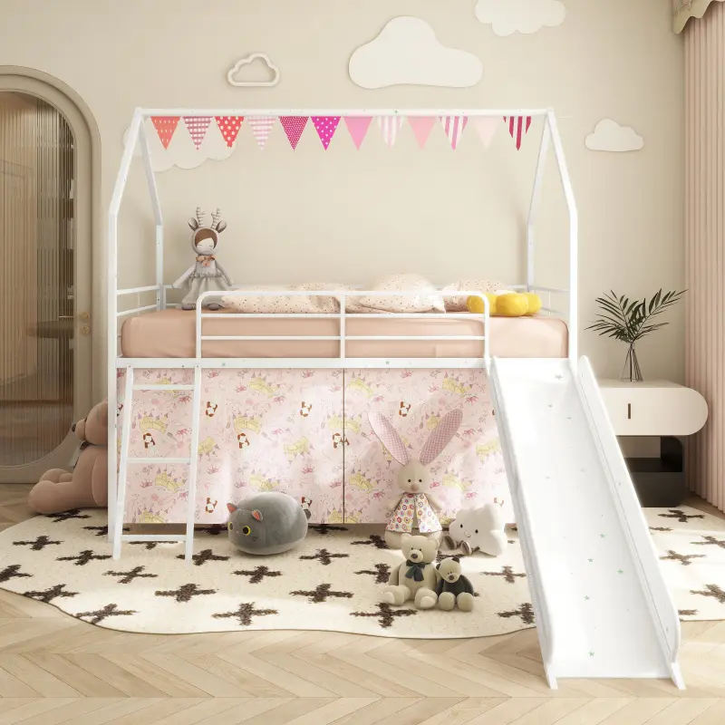 Jack Metal Junior House Twin Loft Bed with Slide and Curtain Set and Pennant Banner Flag and Star Stickers, White with Pink