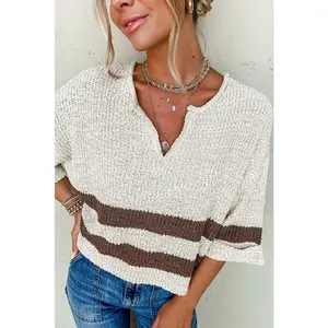 Brown Stripe Cropped Drop Sleeve Sweater