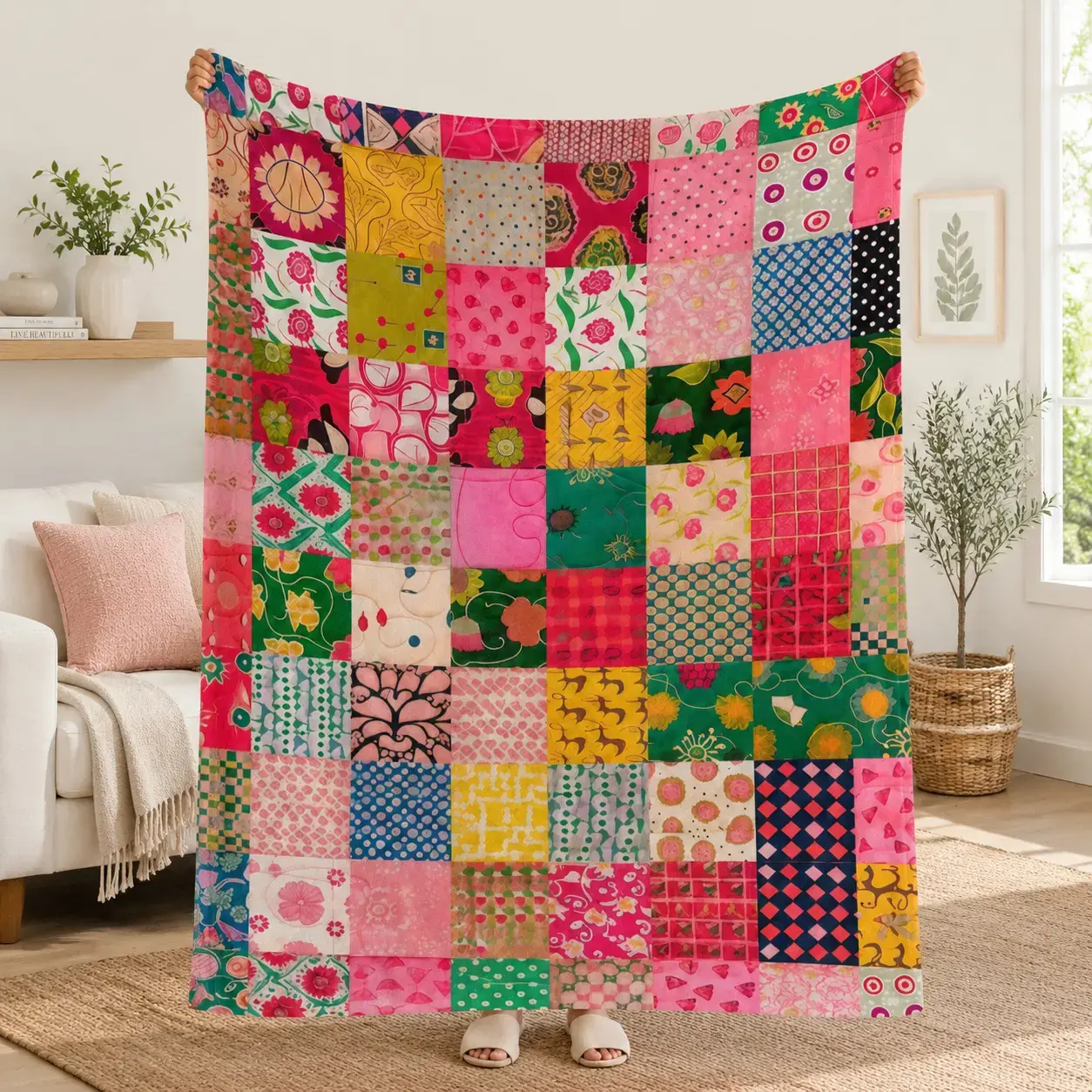 Colorful Patchwork Floral Fleece Throw Blanket, Boho Vintage Quilt Pattern with Bright Mixed Squares, Cozy Blanket for Couch, Sofa and Bed, Living Room, Cottagecore Home Decor and Housewarming Gift