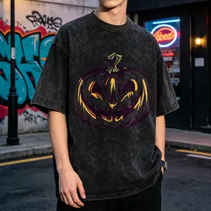 Pumpkin Face Design Men's Vintage Washed T-Shirt Pumpkin Face Halloween Design Art Oversized Graphic Tee Outdoor Casual Short Sleeve