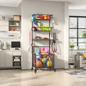Sports Equipment Organizer System Ball Gear Outdoor Toy Storage Rack with Baskets Hooks and Wheels Rolling Basketball Racks for Balls Metal Room