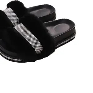 Black Fluffy Slippers with Rhinestone Strap for Women Comfortable Indoor & Outdoor Use Soft Plush Design