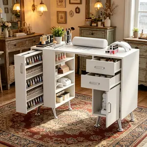 LH-Garvee 42.5 Inch Manicure Table, Nail Desk with Vertical Pull-Out Locker, 1 Storage Cabinet, 2 Drawers, 4-Tiers Open Shelves,Simple Style Storage Cabinet to Maximize Space & Keep Home Clean and Well-Organized