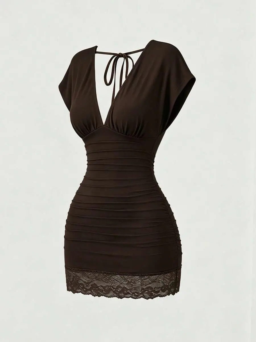 Kevlah Vintage Simple Elegant Casual Office Commute Bar Gathering Shopping Date Deep V-Neck Ruched Waist Dress With Double Side Drawstring Back Large V-Neck Tie Hem Lace Trim Chocolate Brown Spring Summer Autumn Women's Dress