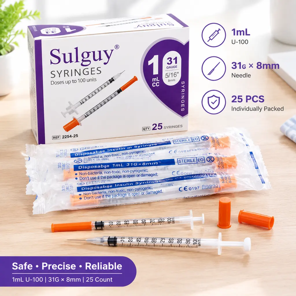 Sulguy 1mL U-100 31G 8mm Syringes with Needle, Home & Lab Use & Camping Essentials, Clear Barrel, Bold Scale, Smooth Plunger Movement with back-end stopper, Leak-Proof Design