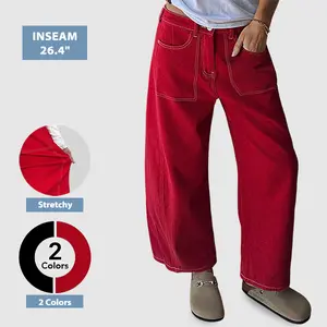 Flamingals 	Patched Pocket Mid Waist Barrel Leg Pants Women's