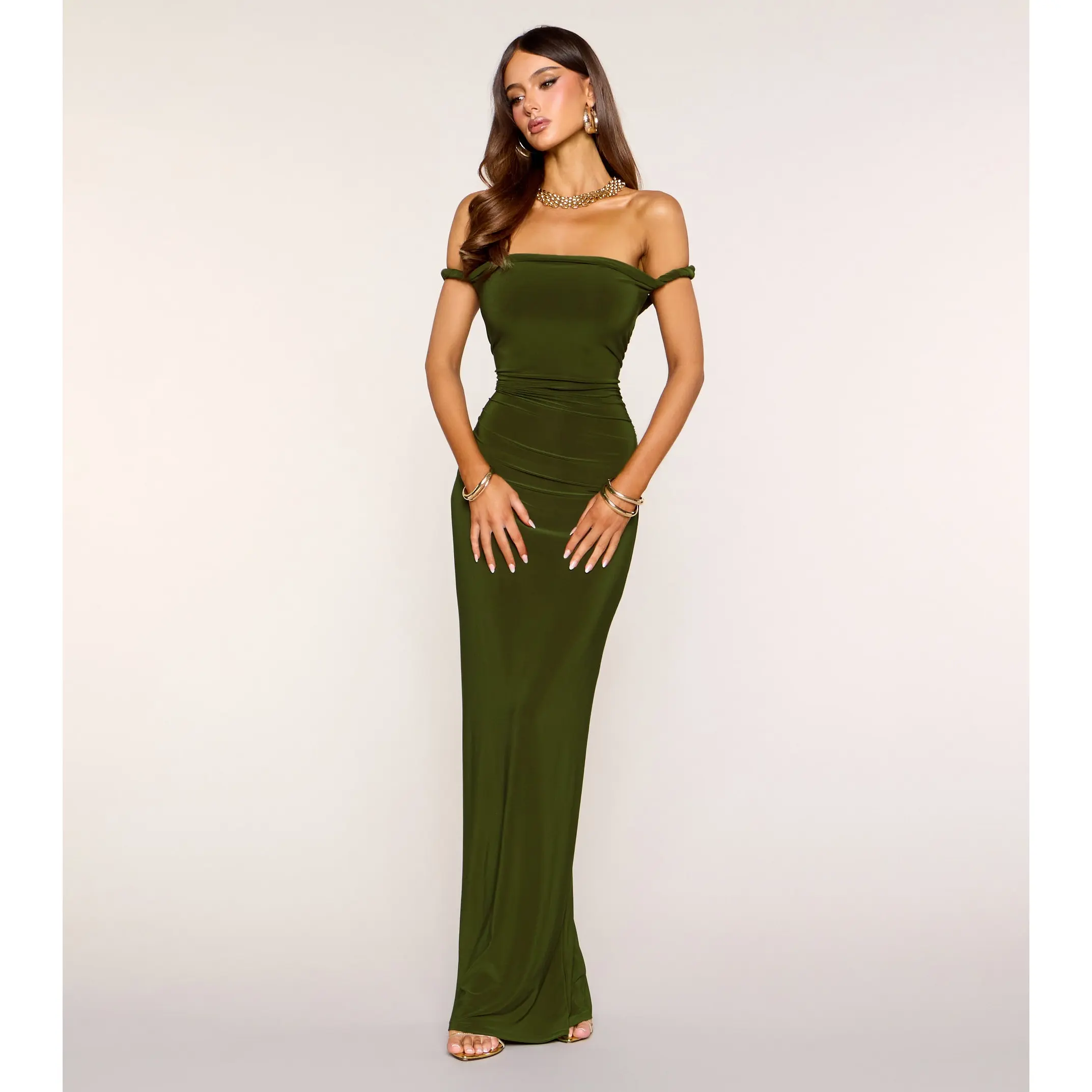 Vamp Twist Strap Off Shoulder Maxi Dress