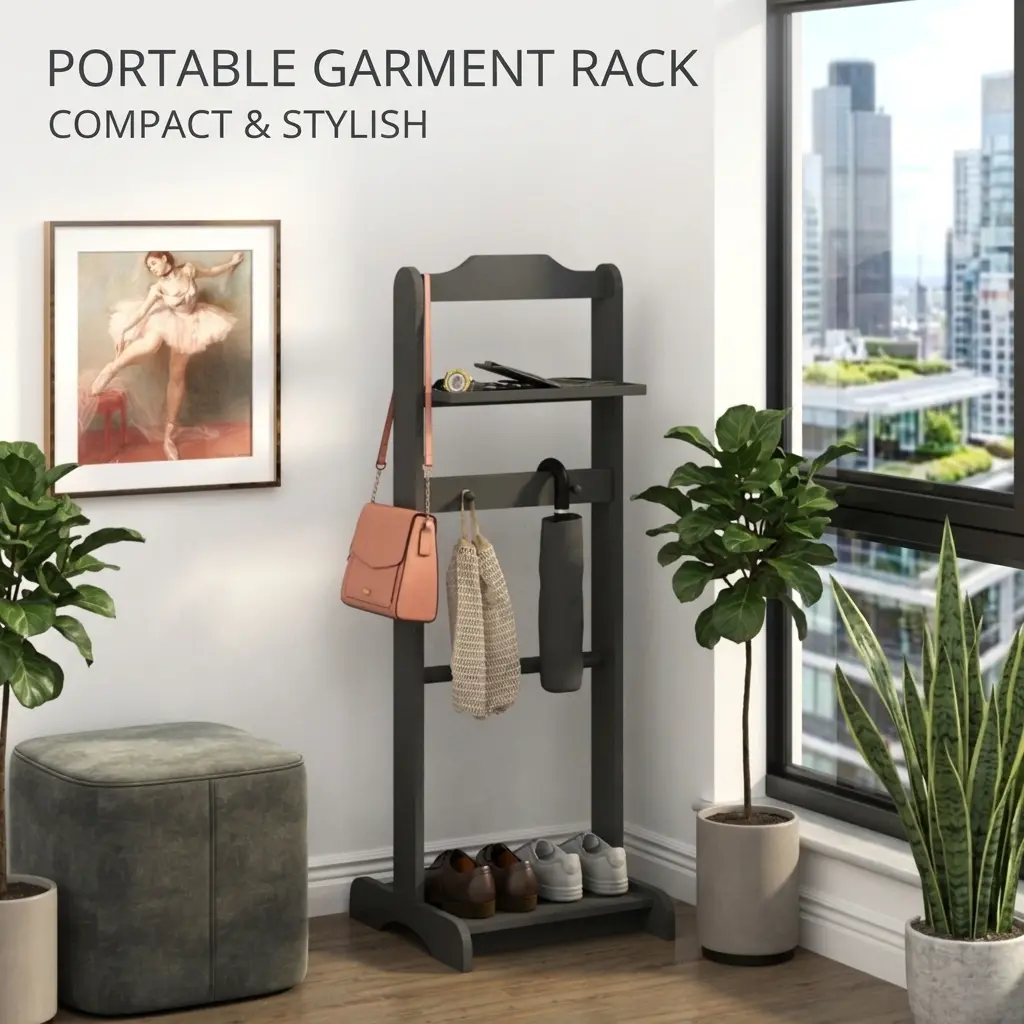 littleox Accent Portable Garment Rack,Clothes Valet Stand with Storage Organizer,Black Finish