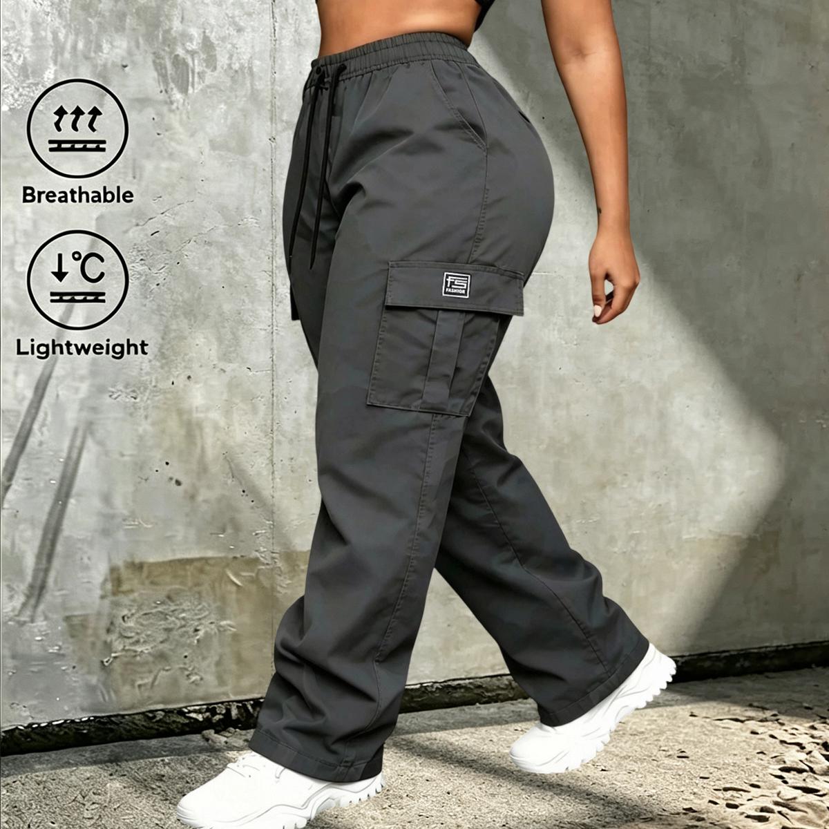 Women’s collegiate-style athletic cargo pants 5-piece set — minimalist basic mid-rise loose wide-leg cargo pants with large flap pockets, suitable for casual outings, year-round wear, and back-to-school shopping.