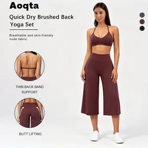 Aoqta Yoga women’s sport casual 2-piece set: sexy backless halter V-neck cropped cami tank tops with adjustable thin straps and high-waisted tummy control butt-lifting loose wide-leg capri pants, suitable for yoga, training, gym, and everyday wear.