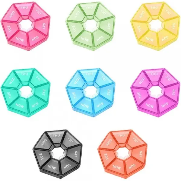 2pcs 7 Day Weekly Pill Organizer, Hexagonal Portable Pill Box with 7 Compartments, Pocket Travel Medicine Dispenser Case for Vitamins Supplements Medication Pills