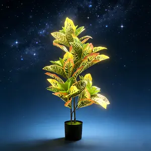 Artificial Croton Palm Tree, 35’’ Tall Lush Faux Tree in Pot for Home Decor Indoor with Colorful Variegated Leaves, Potted Fake Tree Artificial Plants for Office, Living Room, Porch, UV Resistant