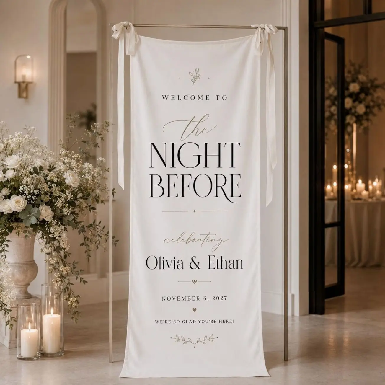 The Night Before Wedding Banner, Wedding Welcome Sign, Rehearsal Dinner Backdrop, Personalized Fabric Banner, Elegant Welcome Party Decor