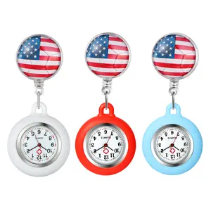 Retractable Nurse Fob Watch with American Flag Silicone Cover, Lightweight Quartz Pocket Watch for Healthcare Workers