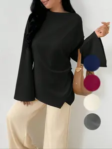 Women's Elegant Middle Eastern Style Casual Commuter Shirt Long Sleeve Flare Sleeve Slim Fit Asymmetrical Blouse for Summer