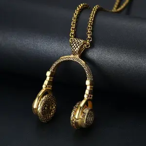 Stainless Steel Headphone Necklace, Unisex Music Themed Pendant, Trendy Hip Hop Jewelry