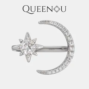 【1006】Adjustable Star and Moon Ring | 0.5CT Round Synthetic Moissanite on Star, Zirconia on Moon | Available in White, Blue, Purple Moissanite