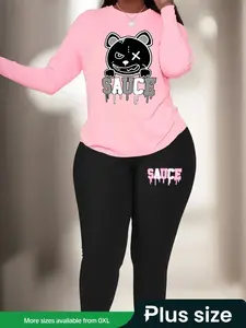 【Plus Size】 Two-Piece Set Letter Print Sweatshirt & Elastic Waist Pants, Casual Round Neck Long Sleeve Pullover & Trousers for Daily Wear, Women's Two-piece Outfits for Fall & Winter, Womenswear Clothes, Cozy Lounge Set