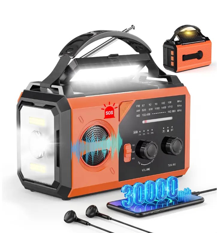 30000mAh Weather Radio with NOAA 7-Band Alerts, Upgraded Emergency Radio with USB/Solar/Hand Crank Charging, Flashlight, SOS Alarm, Compass for Camping Hurricane Preparedness,Orange