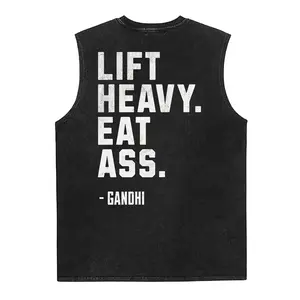 Lift Heavy Eat Ass Meme Gym Washed Vest Back Design | Bodybuilding Motivation Funny Pump Cover | Edgy Gym Humor Distressed Back Text Gift Washed Vest,Black