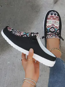 Women's Ethnic Pattern Slip on Low Top Sneakers Trainer, Casual Comfortable Lightweight Slip on Shoes, All-match Commuter Shoes for Work & Daily Wear