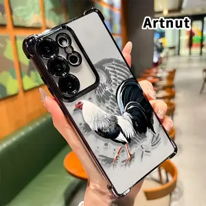 Compatible with Samsung Galaxy S23 Ultra S24 Plus S25 S22+ FE Edge Phone Case Elegant Rooster Art Pattern Transparent Full Coverage Four Corners Anti-drop Casing