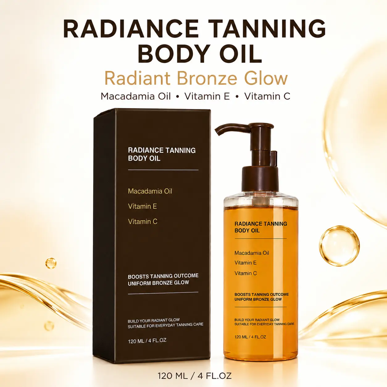 Tanning Body Oil 120ml, Lightweight Moisturizing & Nourishing Body Oil, Helps Create an Even Sun-Kissed Glow, Hydrating Skin Care Oil for Summer Outdoor Use, Women & Men