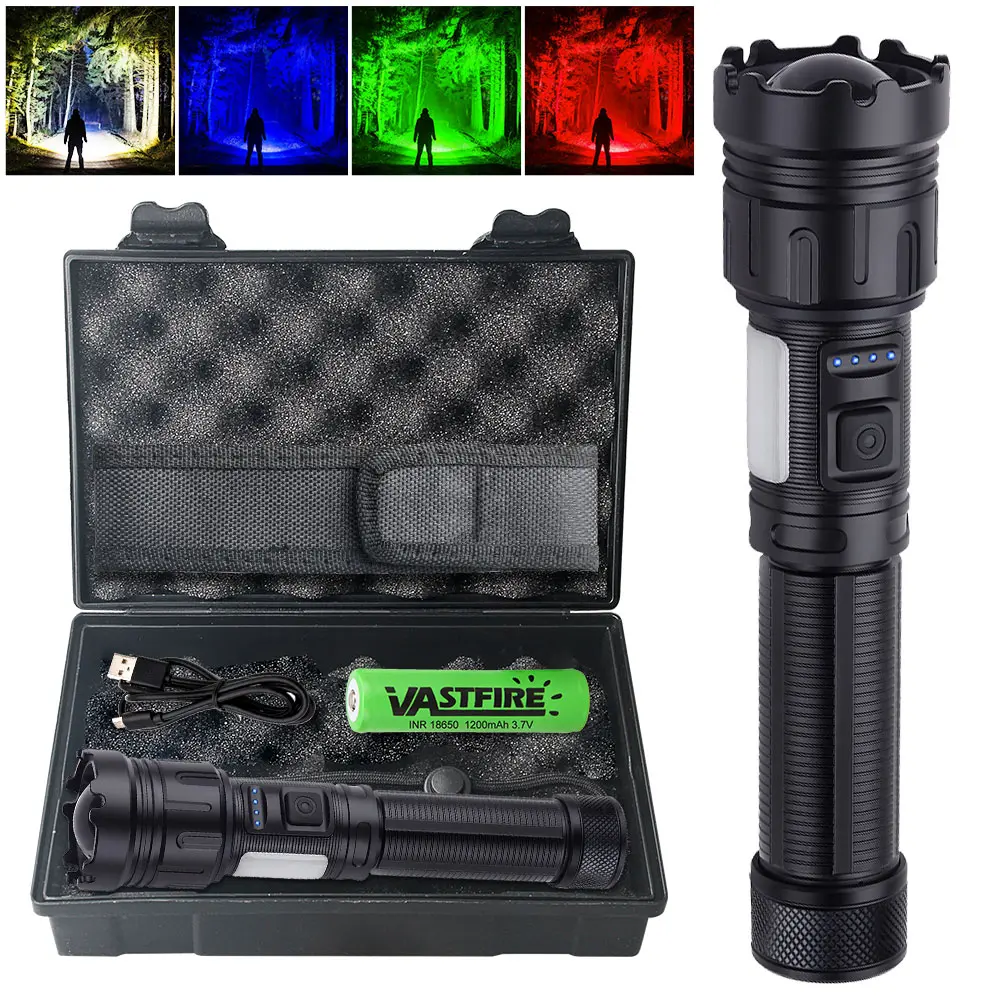 VASTFIRE 4-in-1 Multifunctional LED Rechargeable Flashlight Gift Set, 1200 Lumens Adjustable Tactical Torch, USB-C Charging, USB Rechargeable, 18650 Battery, Phone Charger, 4-Color Switch, for Camping, Hiking, Adjustable Tactical Flashlights
