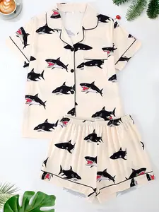 Women's Sleepwear Set, Collared Short Sleeve Cardigan & Loose Elastic Shorts, Ocean Animal Shark Full Print, All Seasons Comfortable Fit, Pajama Set, Loungewear, Sleepwear Pajamas Set, Comfy Loungewear Set