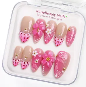 Pastel Garden Short Almond Press On Nails – 3D Floral Glossy Handmade, Reusable, Salon-Quality Press-On Nails