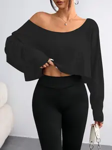 European and American Sexy One-Shoulder Short Top, Loose Bat Sleeve Long Sleeve, Waist-Cut Design,sexy ， loungewear ， Fashionable and Versatile, Suitable for Women