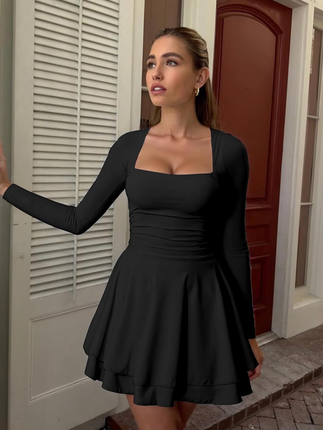Women's Square Neck Ruffle Hem Mini Dress Ruched Waist Long Sleeve Corset Short Party DressesWomen's Square Neck Ruffle Hem Mini Dress Ruched Waist Long Sleeve Corset Short Party Dresses