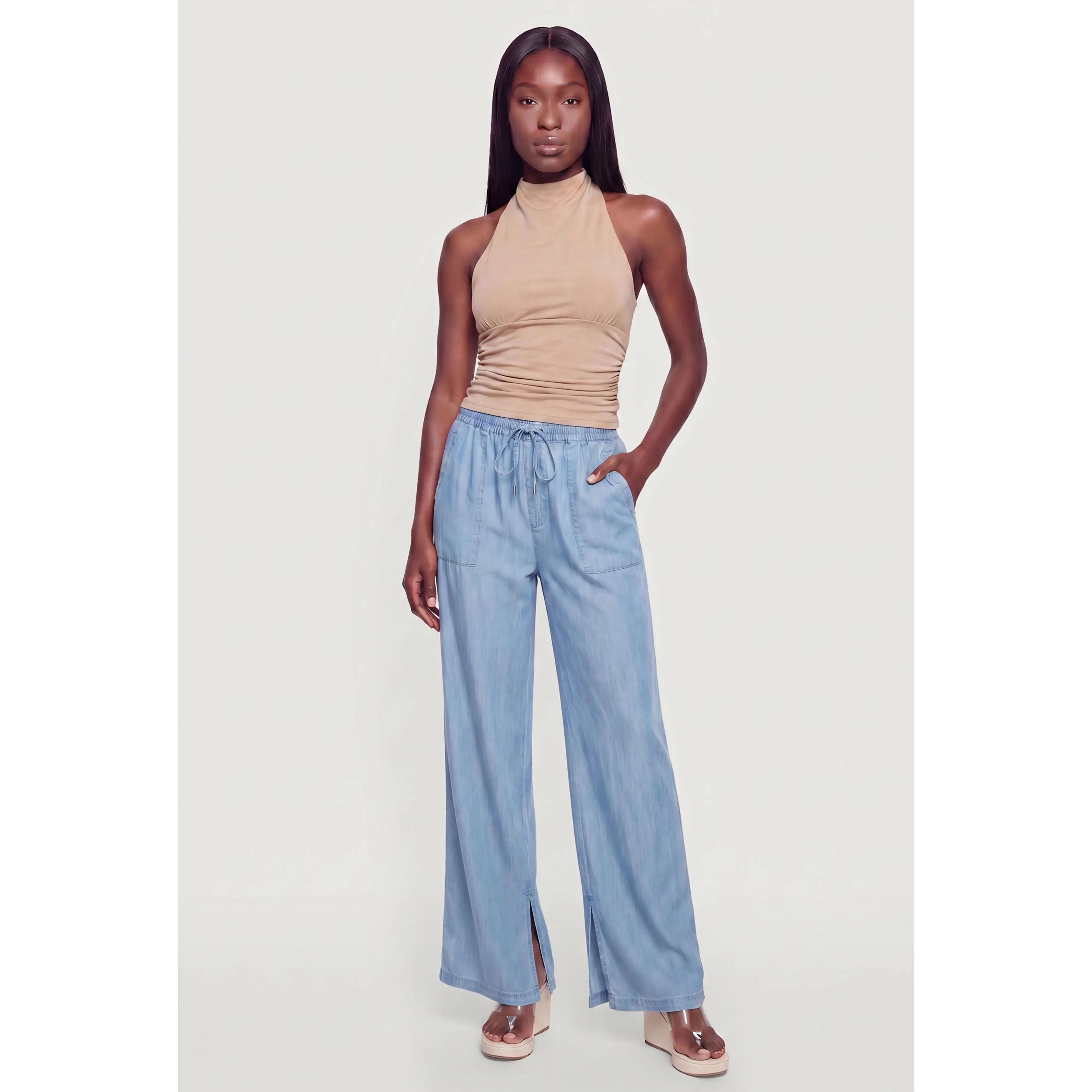 Drawstring Waist Side Slit Wide Leg Pants
